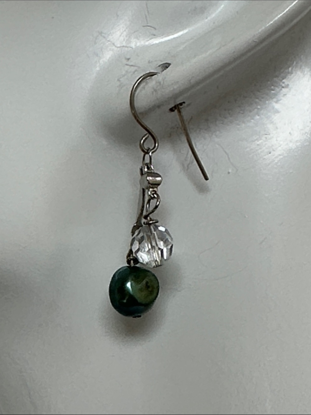 Green Pearl and Crystal Drop Earrings - Classic Dangle Style